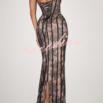 Sian Floral Lace Contrast Structural Detail Back Lace-up Strapless Slit Maxi Dress