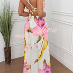 Seinah Floral Print Cutout Waist Open Back Lace-up Slit Maxi Dress