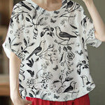 Unique White O-Neck Embroideried Summer Ramie Shirt Half Sleeve