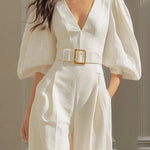 White V-neck lantern sleeve wide-leg jumpsuit（Includes belt）