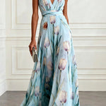 Tulip Print V-Neck Sleeveless Elegant Waist-Defining Maxi Dress