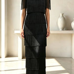 Elowyn Mesh Tiered Tassel Patchwork Round Neck Cape Sleeve Midi Dress