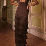Western Chic Layered Tassels Hem Sleeveless Tank Maxi Dress