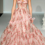 Danah Tulle Floral Print Corset Sweetheart Neck A-line Gown Maxi Dress