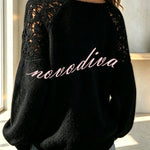 Faux Mink Knit Crochet Flowers Shoulder Wide Neck Long Sleeve Loose Sweater