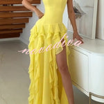 Elegant Sleeveless Off-shoulder Fitted Ruffled High Slit Maxi Dress