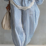 Striped Printed V-neck Lantern Sleeve Lace-trimmed Loose Top and Elastic Waist Casual Wide-leg Pants Set