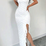Solid Color Sleeveless Off-shoulder Slim Fit Slit Ruffle Maxi Dress