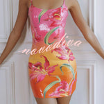 Fashionable Sequined Printed Suspender Slim-fit Mini Dress