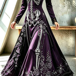Royal-style Halloween Skull Print Square Neck Long Sleeve Flare Maxi Dress
