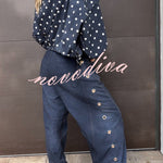 Kadence Denim Side Metal Hollow Ring Detail Pocket Lantern Pants