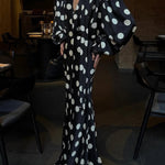 Chrissa Satin Polka Dot Print Lace Trim Tie-up Neck Balloon Sleeve Loose Blouse