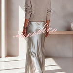 Velma Ribbed Knit V-neck Long Sleeve Relaxed Sweater and Satin Slip Midi Dress
