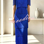 Elowyn Mesh Tiered Tassel Patchwork Round Neck Cape Sleeve Midi Dress