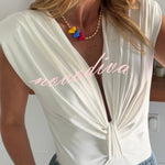 Ellie Stretch Fabric Deep V-neck Ruched Detail Short Sleeve Bodysuit