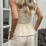Striped Printed Sleeveless Off-shoulder Ruched Top and Elastic Waist Casual Pocket Shorts Set