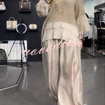 Lucy Knit Cutout Layered Design Half Sleeve Top and Satin Elastic Waist Pocketed Lantern Pants Set