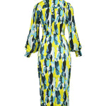 High Waisted Long Sleeves Asymmetric Pleated Printed Split-Joint Deep V-Neck Midi Dresses