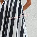 Color-blocked Striped Print Square Neck Suspender Casual Pocket Maxi Dress