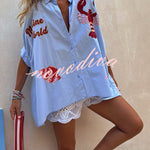 Piper Unique Lobster Ocean Embroidery Pattern Half Sleeve Oversized Shirt