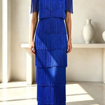 Elowyn Mesh Tiered Tassel Patchwork Round Neck Cape Sleeve Midi Dress