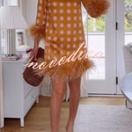 Playful and Cute Satin Polka Dot Print Half Sleeve Feather Trim H-line Mini Dress