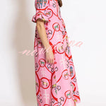 Churchill Social Playful Warhorse Print Stand Neck Ruffle Sleeve Belted Pocket Caftan Midi Dress