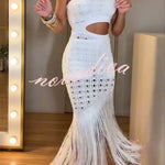 Refresh Style Knit Hollow Out One Shoulder Cutout Waist Tassel Hem Maxi Dress