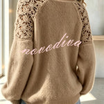 Faux Mink Knit Crochet Flowers Shoulder Wide Neck Long Sleeve Loose Sweater