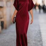 Solid Color Round Neck Short-sleeved Elegant Draped Maxi Dress