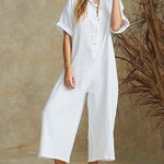 Short Sleeve V Neck Jumpsuit Button Down Turndown Collar Wide Leg Jumpsuit