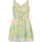 Stelle Linen Blend Floral Print Crochet Zig Zag Trim Back Lace-up Mini Dress