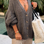 Hestia Knitted Texture Solid Color Button Long Sleeve Relaxed Cardigan