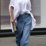 Street Style Denim Asymmetrical Pocket Design Mid Rise Distressed Wide Leg Jeans