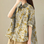 Plus Size Navy Peter Pan Collar Print Cotton Shirt Tops Summer