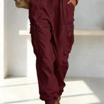 Street Style Solid Color High Waist Pocketed Loose Fit Cargo Pants