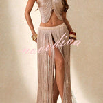 Aria Metallic Fringe Halter Top & Tassel Maxi Skirt Set