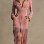 Western Retro Leopard Print Pink Faux Suede Zipper Tassel Midi Dress