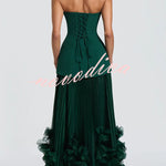Serafina Strapless Back Lace-up Handcrafted Floral Appliqués Pleated Hem Gown Maxi Dress