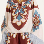 Bohemian Dreams Unique Print High Neck Feather Trim Bell Sleeve Top