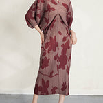 Batwing Sleeves Loose Pleated Printed V-Neck Midi Dresses