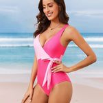 Zeagoo Women's Color Block Wrap One Piece Swimsuits Bowknot Tie Side Bathing Suit