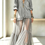 Retro-style Faux Denim Long Sleeve Pocket Tulle Hem Shirt Maxi Dress
