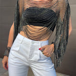Sparkling Rhinestone Embellished Drape Tassel Batwing Sleeve Loose Crop Cover-up