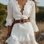 Solid Color V-neck Lace Trim Slim-fit Mini Dress