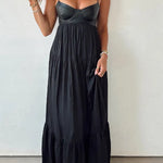 Stylish Leather Patchwork Suspender Casual Vacation Style Maxi Dresses