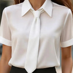 Solid Color Collared Tie Short-sleeved Casual Shirt