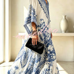 Blue and White Porcelain Print V-Neck Wide Sleeve Cover-up Maxi Dress