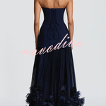 Serafina Strapless Back Lace-up Handcrafted Floral Appliqués Pleated Hem Gown Maxi Dress
