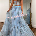Vita Floral Satin Bow Lace Back Lace-up Crop Tank and Tulle High Rise A-line Maxi Skirt Set